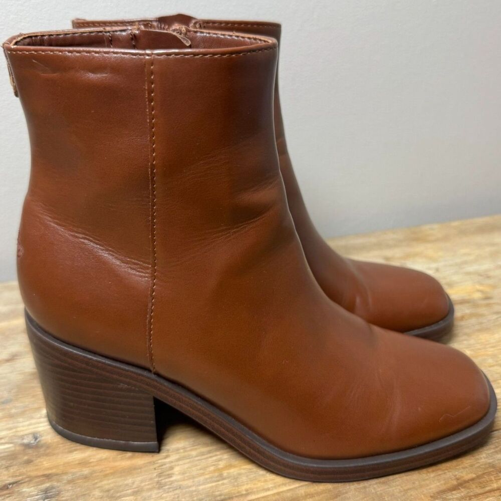 Nine West Amatto Womens 6 Brown Square Toe Block Heel Ankle Booties Fall Zip